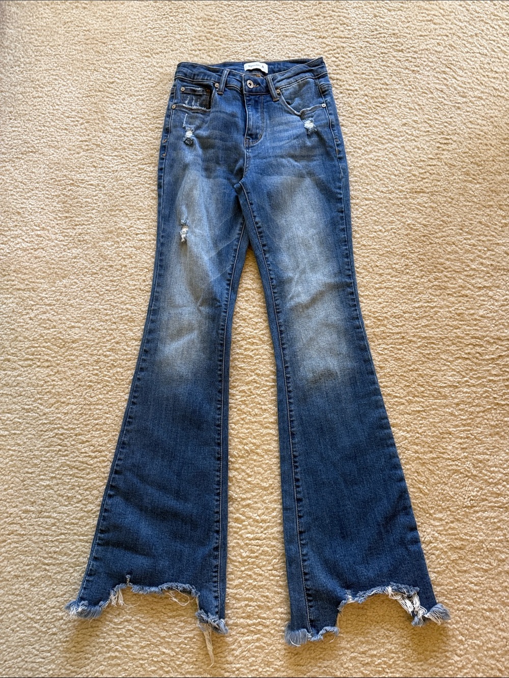 High-Rise Flared Distressed Jeans - Medium Blue